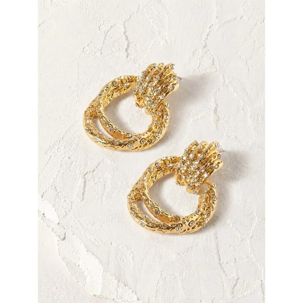 Ettika Hoop Crystal Buckle Pave Link Molten Earrings Boho Hammered CZ VTG - Picture 2 of 8